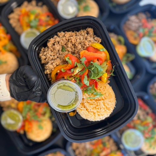 Turkey Fajita Bowl with sautéed peppers, onions, Mexican rice, and salsa from FireFoods Meal Prep Fresno