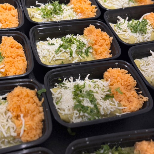 Chili Verde Chicken Enchiladas with Mexican rice, fresh green chili sauce, and melted cheese meal prep