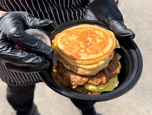The CleanGriddle protein pancakes with egg and turkey sausage served with sugar-free syrup